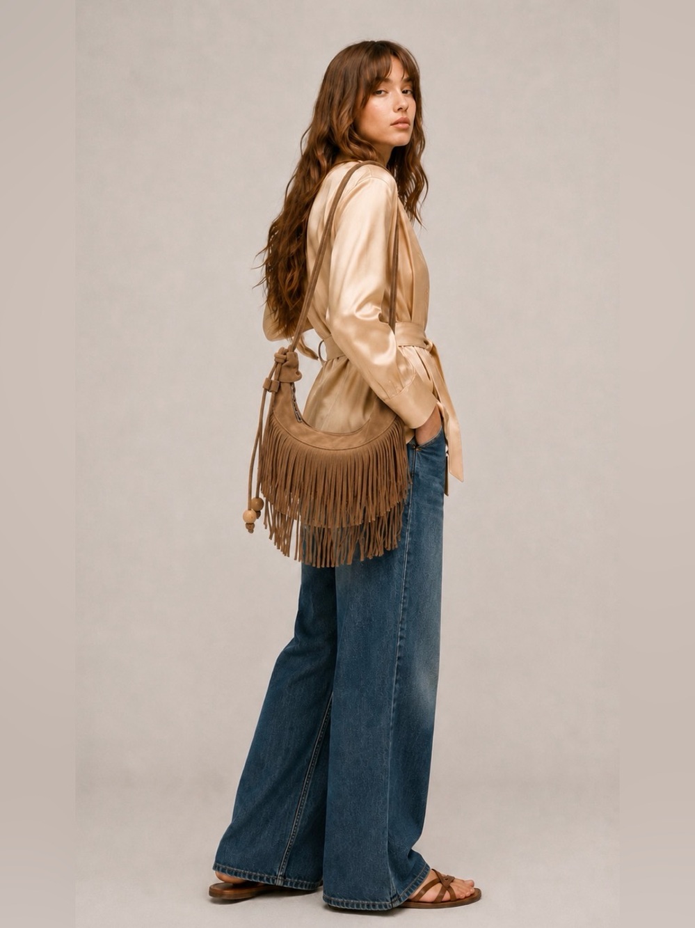 Do Everything In Love Stylish Camel Fringe Shoulder Bag with Wooden Bead Accent